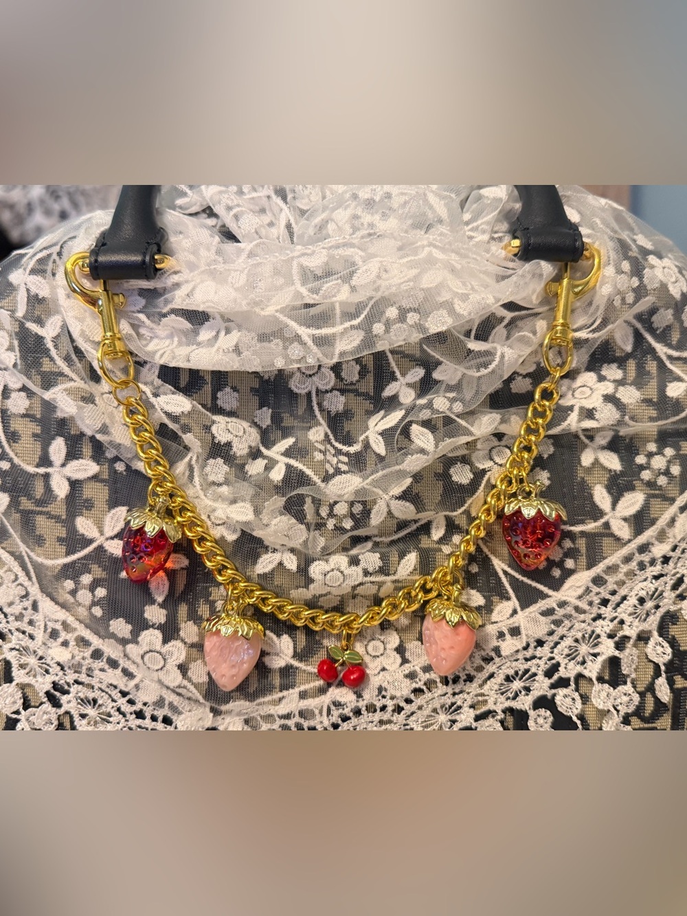 Gold Strawberry Purse Charm with Pink & Red Charms